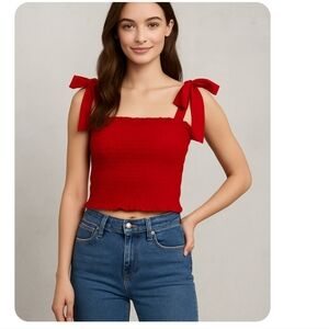 Altar'd State Red Smocked Bow-Tie Strap Top Size Med